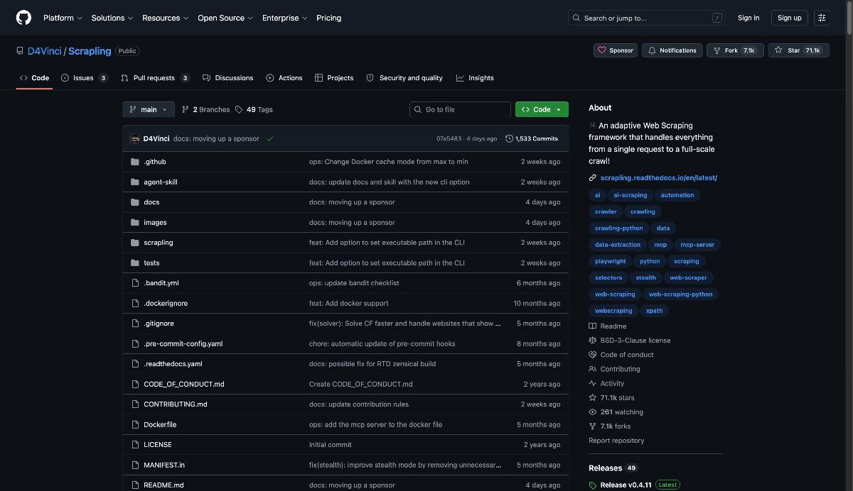 Captura de GitHub - D4Vinci/Scrapling: 🕷️ An adaptive Web Scraping framework that handles everything from a single request to a full-scale crawl! · GitHub